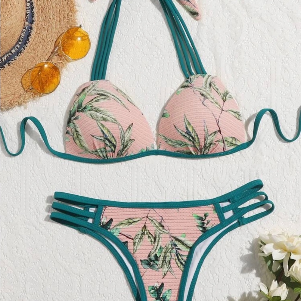 Light Pink Turquoise Green Blue Womens Halter Palm Leaf Tree Triangle Bikini